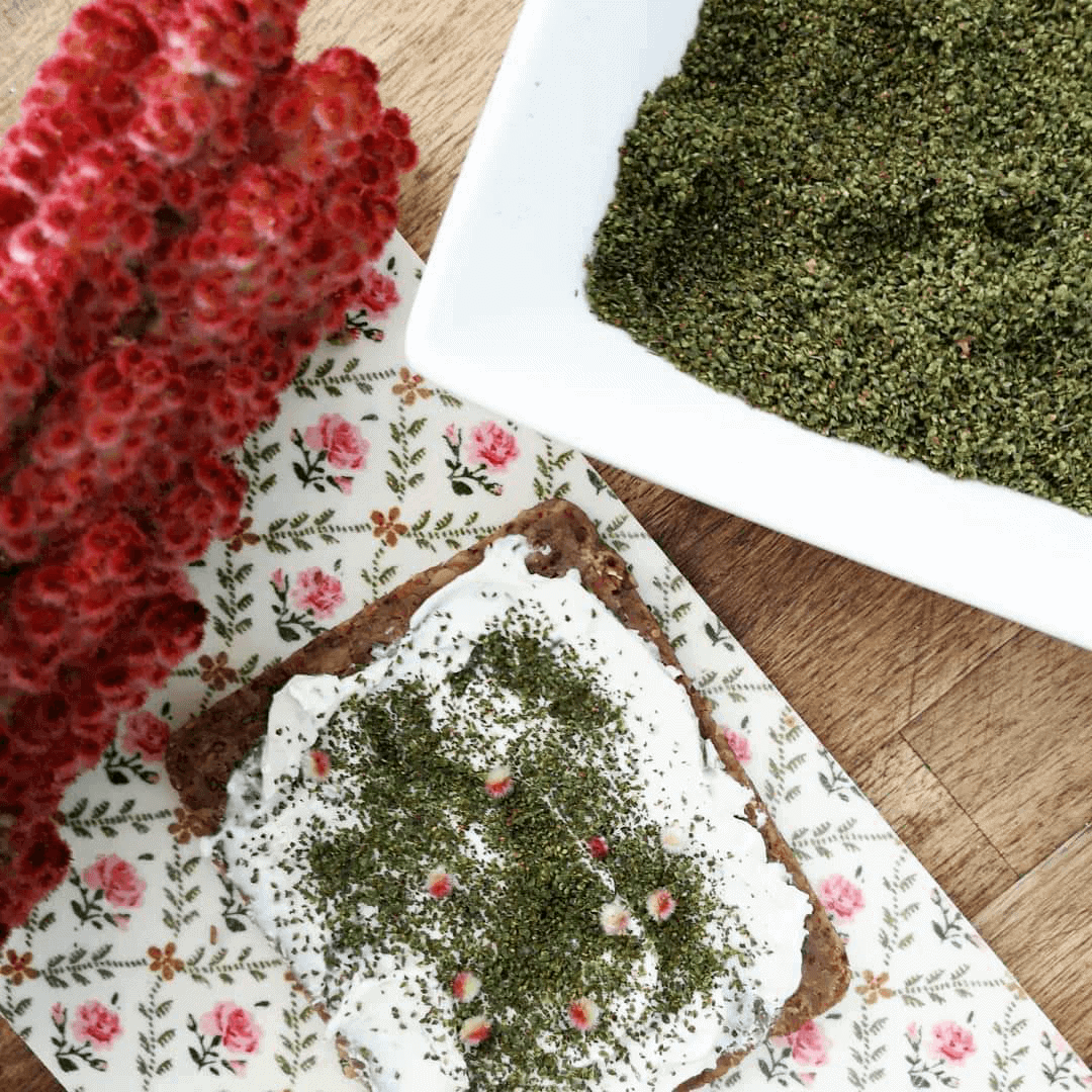 Brennnesselsamen mit Essigbaumfrüchten auf einem Brot mit Frischkäse