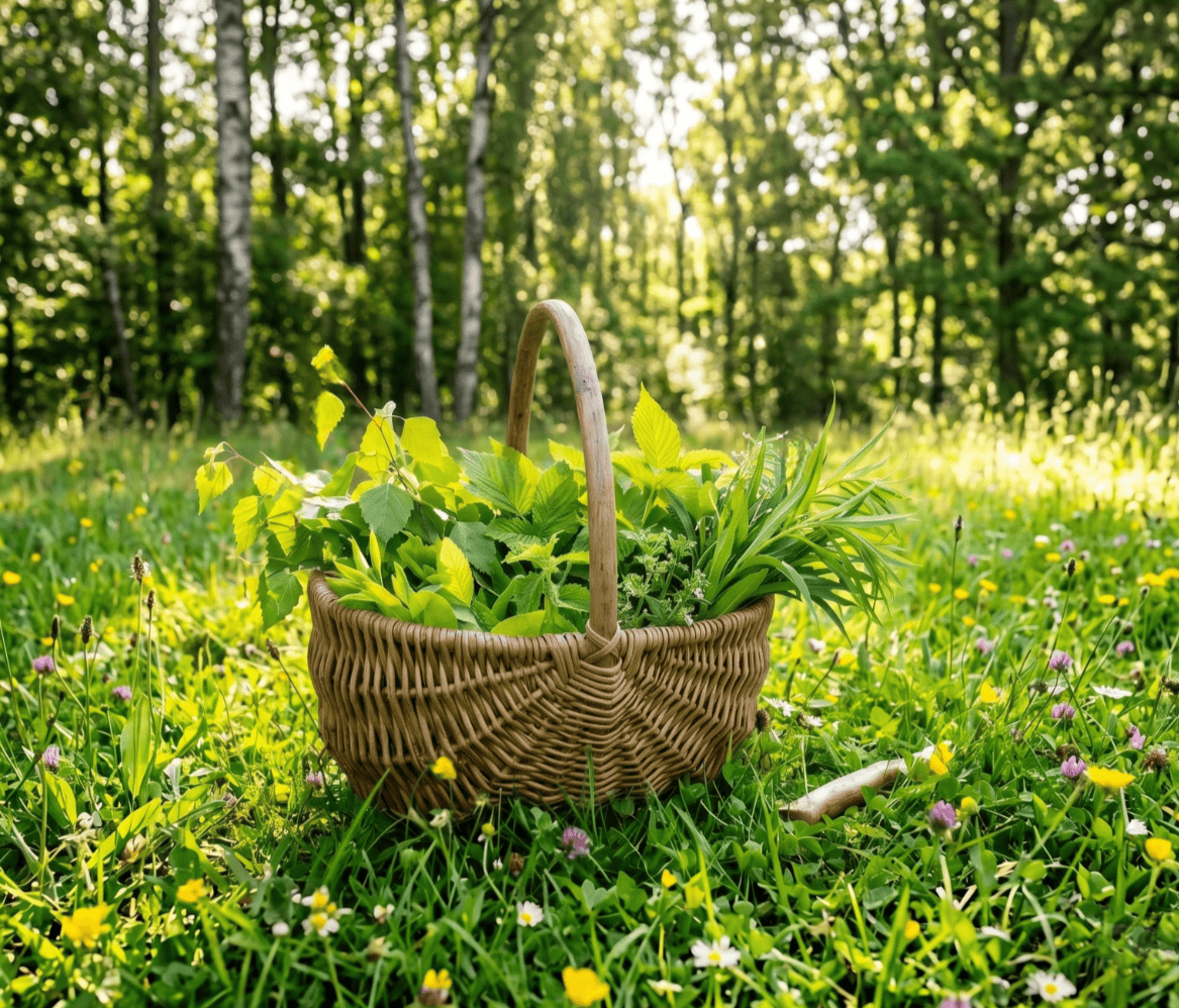 Korb mit Wildpflanzen auf einer Wiese