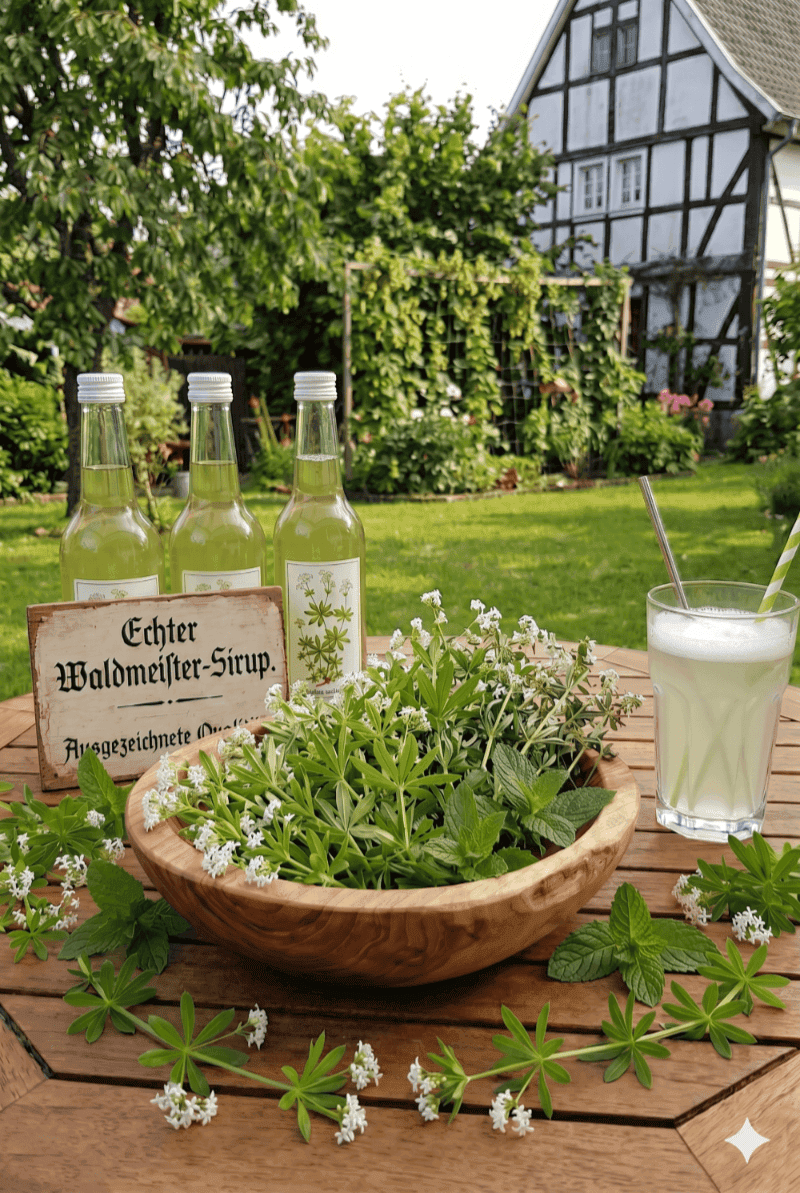 Waldmeistersirup in Flaschen vor einem Korb mit Waldmeister COCO GRÜN