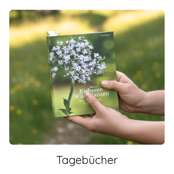 Tagebücher für Wildpflanzen COCO GRÜN Frau steht auf einer Wiese und hält das Weisentagebuch in ihren Händen.