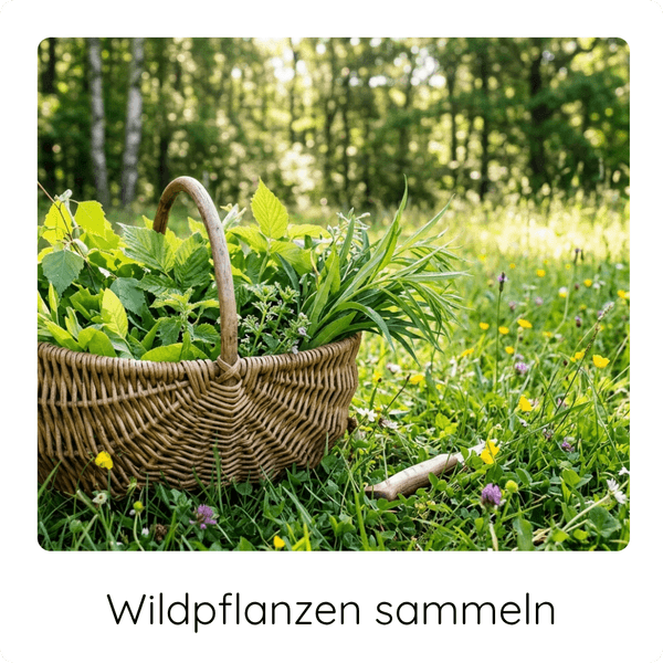 Wildpflanzen sammeln COCO GRÜN Ein Korb steht auf einer Lichtung im Wald gefüllt mit gesammelten Wildkräutern
