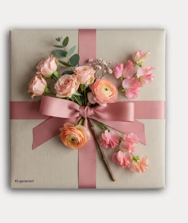 Geschenkpaket mit rosa Blüten dekoriert