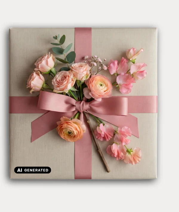 Geschenkpaket mit rosa Blüten dekoriert