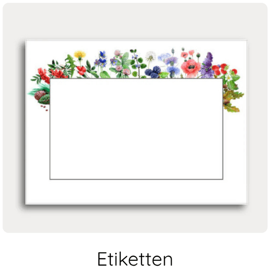 Etikett dekoriert mit wilden Pflanzen und Blüten